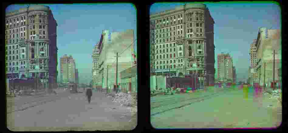 This stereo view includes an added layer on the left, showing part of the original black-and-white separation with the image of a man walking and a trolley car. On the right you can see the effect of movement in this color process registering as color streaks.