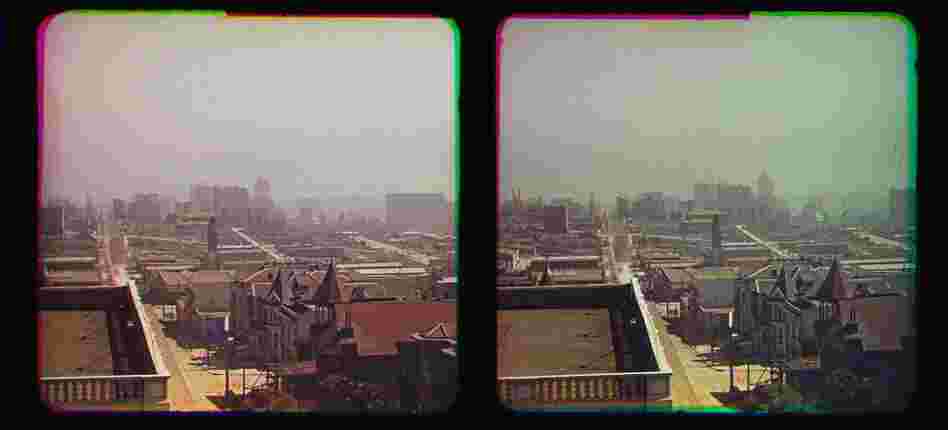 The images are credited to pioneering photographer Frederick Eugene Ives. This image, showing the dome of City Hall in the far distance, was taken on the roof of the Hotel Majestic.