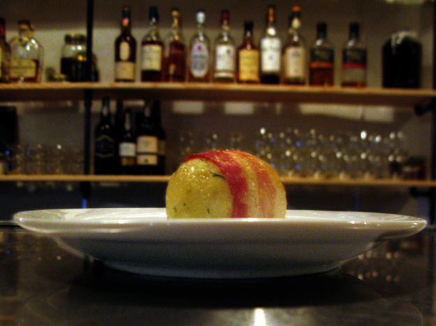 One of Ilan Hall's bacon-wrapped matzo balls.