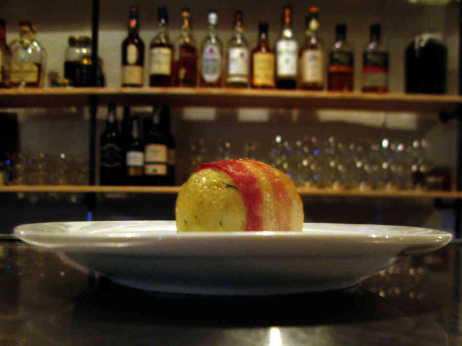 One of Ilan Hall's bacon-wrapped matzo balls.