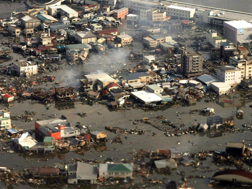 An aerial view shows the devastated Kesennuma city in Miyagi prefecture earlier today (March 12, 2011).