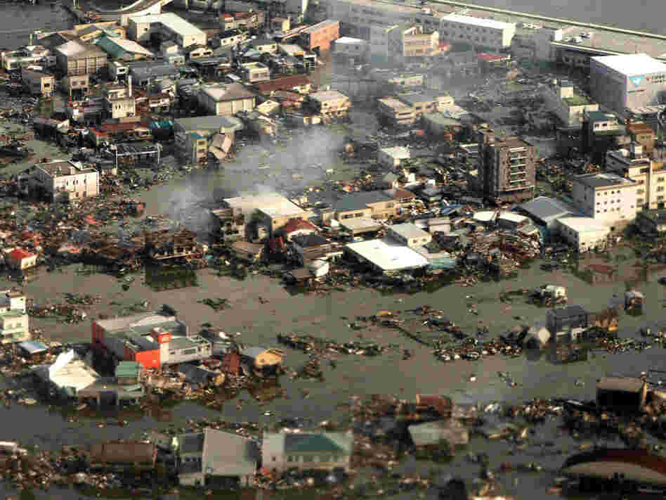 An aerial view shows the devastated Kesennuma city in Miyagi prefecture earlier today (March 12, 2011).