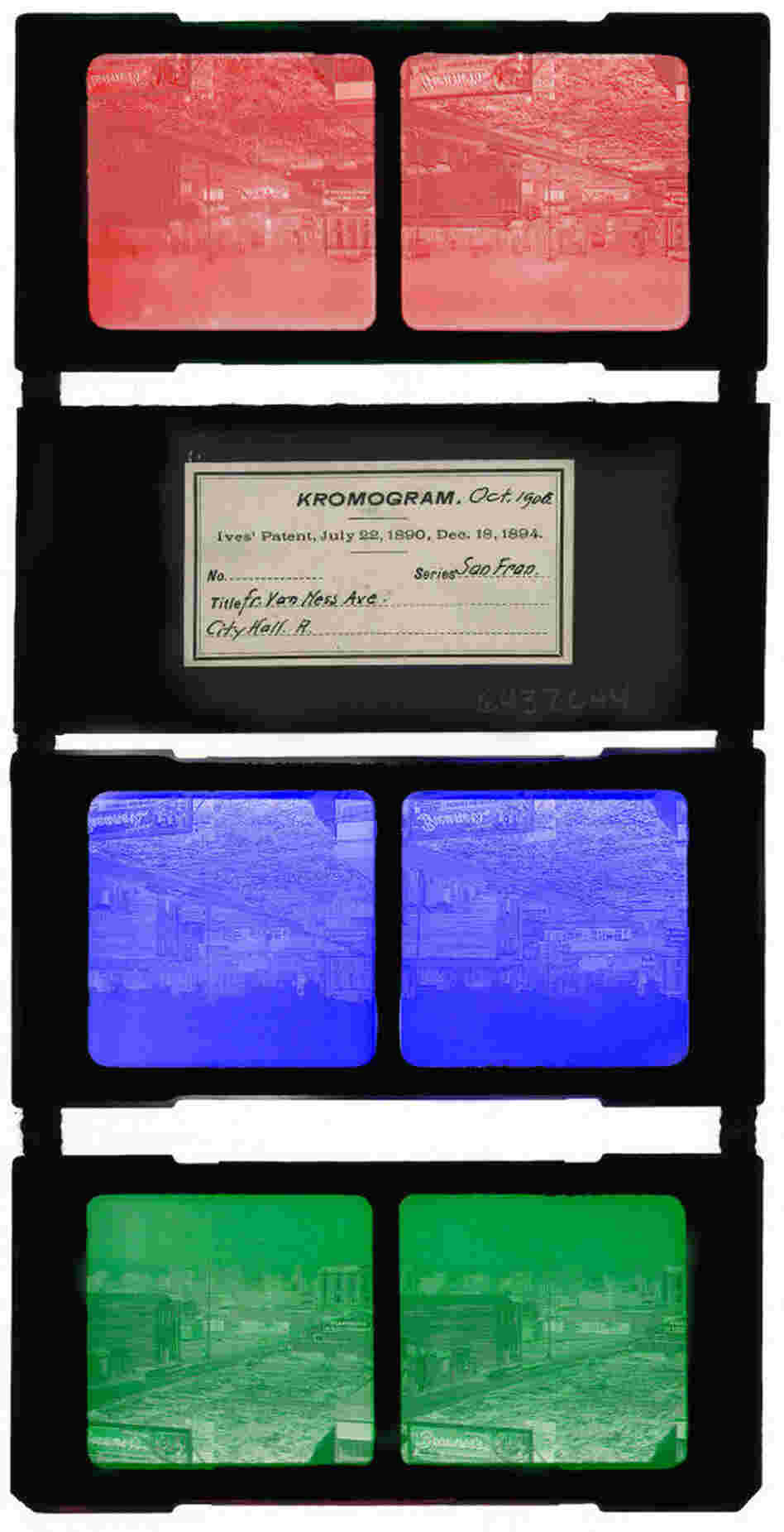 A Kromograph consists of three exposures of green, blue and red, which are then layered and viewed with a Kromscope to give the full-color and 3-D effect. The images in the slideshow have been combined digitally to simulate the effect. A Kromograph consists of three exposures of green, blue and red, which are then layered and viewed with a Kromscope to give the full-color and 3-D effect. The images in the slideshow have been combined digitally to simulate the effect.