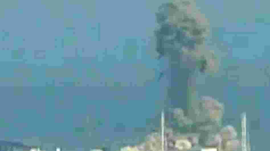 A screen grab taken from news footage by Japanese public broadcaster NHK shows the moment of a hydrogen explosion at the Fukushima No. 1 nuclear power station number three reactor on Monday.