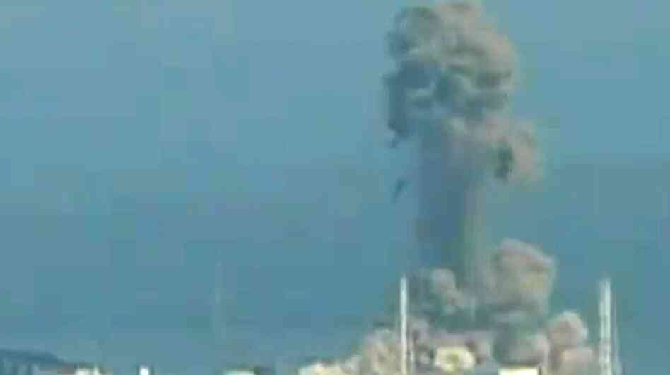A screen grab taken from news footage by Japanese public broadcaster NHK shows the moment of a hydrogen explosion at the Fukushima No. 1 nuclear power station number three reactor on Monday.