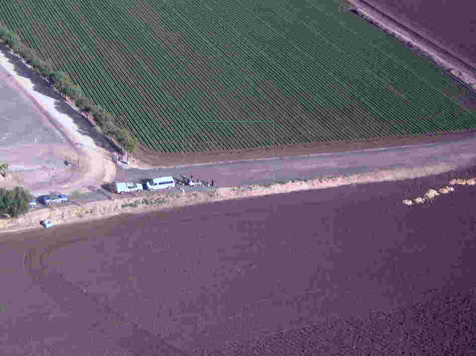 An image taken by the Puma drone of NPR's Carrie Kahn as she reported this story. Enlarge to see Kahn (far right) and the team from AeroVironment on the ground.