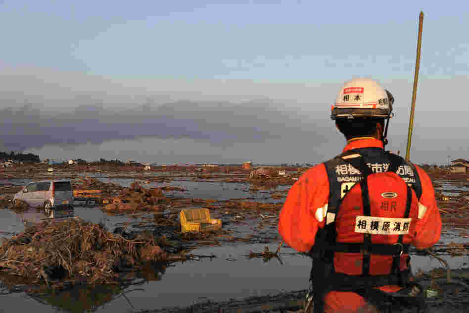 A Japanese rescuer looks at land devastated by the tsunami in Sendai. 