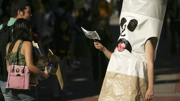 A person dressed as a cigarette encourages students at the University of California, Berkeley to quit smoking back in 2005.