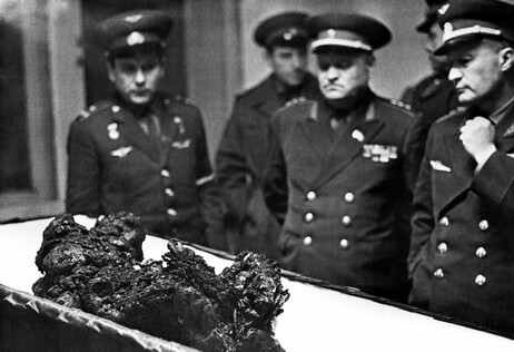 Vladimir Komarov's remains in an open casket