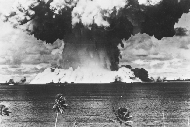 A mushroom cloud rises from the waters of Bikini Lagoon during the first series of underwater atomic tests in August 1946.