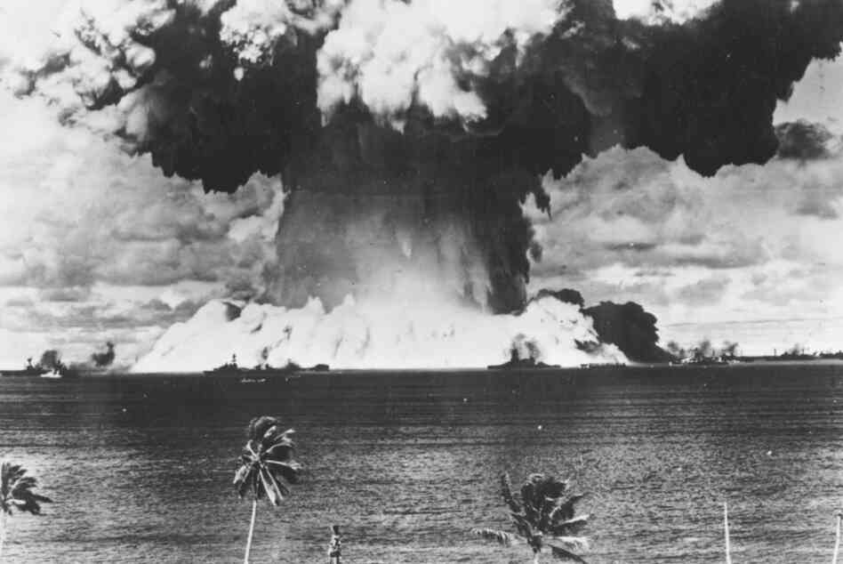A mushroom cloud rises from the waters of Bikini Lagoon during the first series of underwater atomic tests in August 1946.
