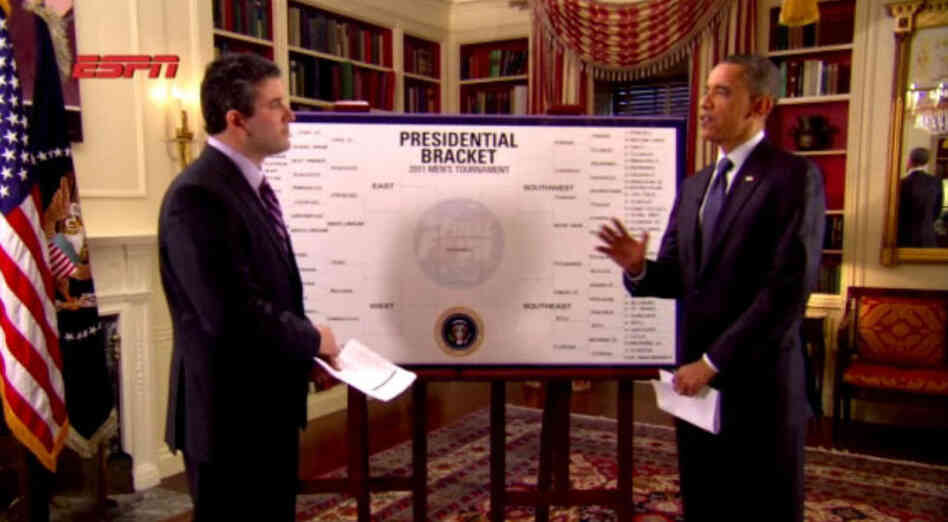 Screenshot of President Obama on ESPN choosing his NCAA brackets. Screenshot of President Obama on ESPN choosing his NCAA brackets.