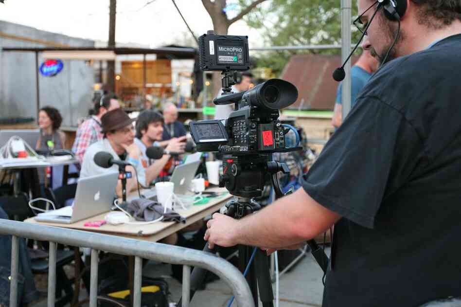 Behind the scenes as NPR Music sets up for the video webcast from Stubb's BBQ. 