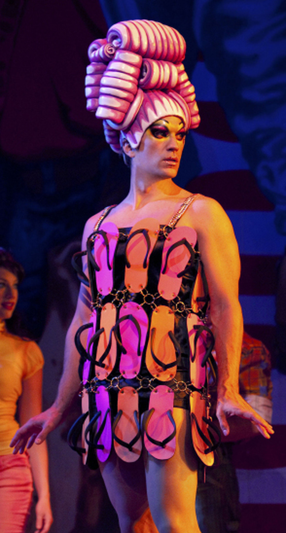 Swenson's research for his role included going out to London bars in full drag — though not in this flip-flops outfit, recreated for the stage from the one in the film.