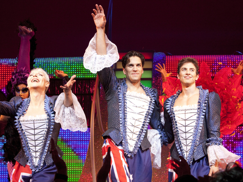 Tony Sheldon (left) and Nick Adams (right) co-star in Priscilla as matriarch Bernadette and Adam, a younger drag performer.