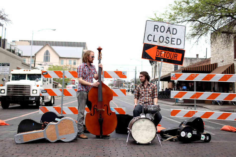 Not an uncommon sight: A band sets up on the streets of Austin. 