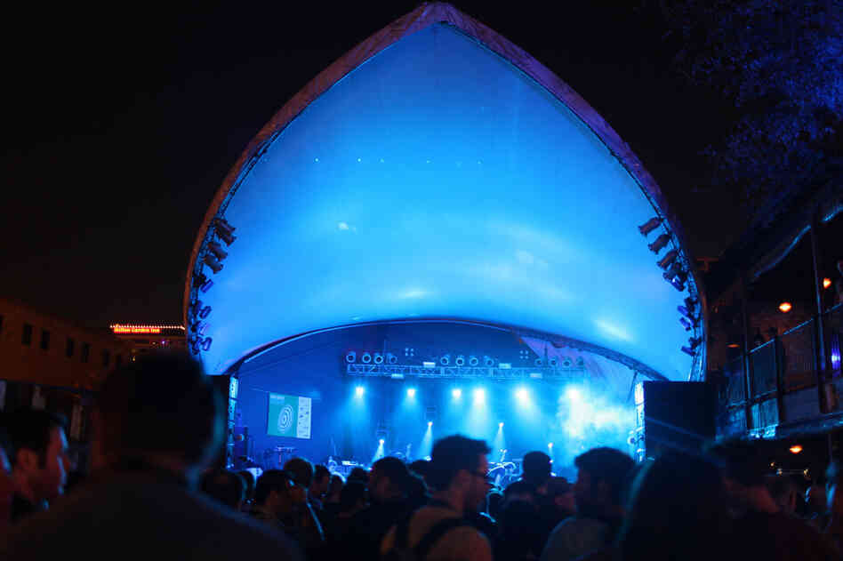The blue glowing bowl of the Stubb's stage during James Blake's set. 