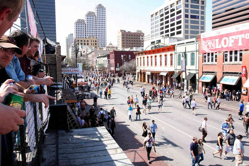 The view from a balcony overlooking downtown Austin. 