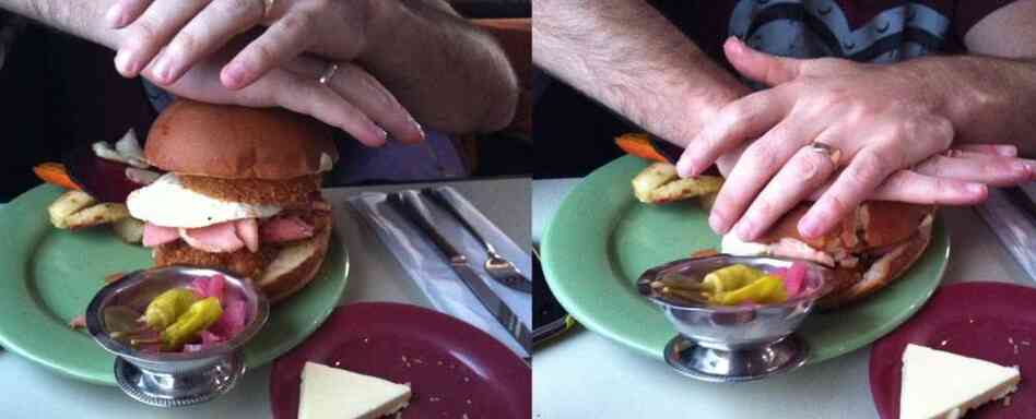 Peter displays proper sandwich-smashing technique. Peter displays proper sandwich-smashing technique.