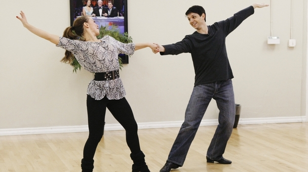 Karate Kid star Ralph Macchio (right) dances with his partner, Karina Smirnoff, in rehearsals for the new season of ABC's Dancing With The Stars, which returns Monday night.