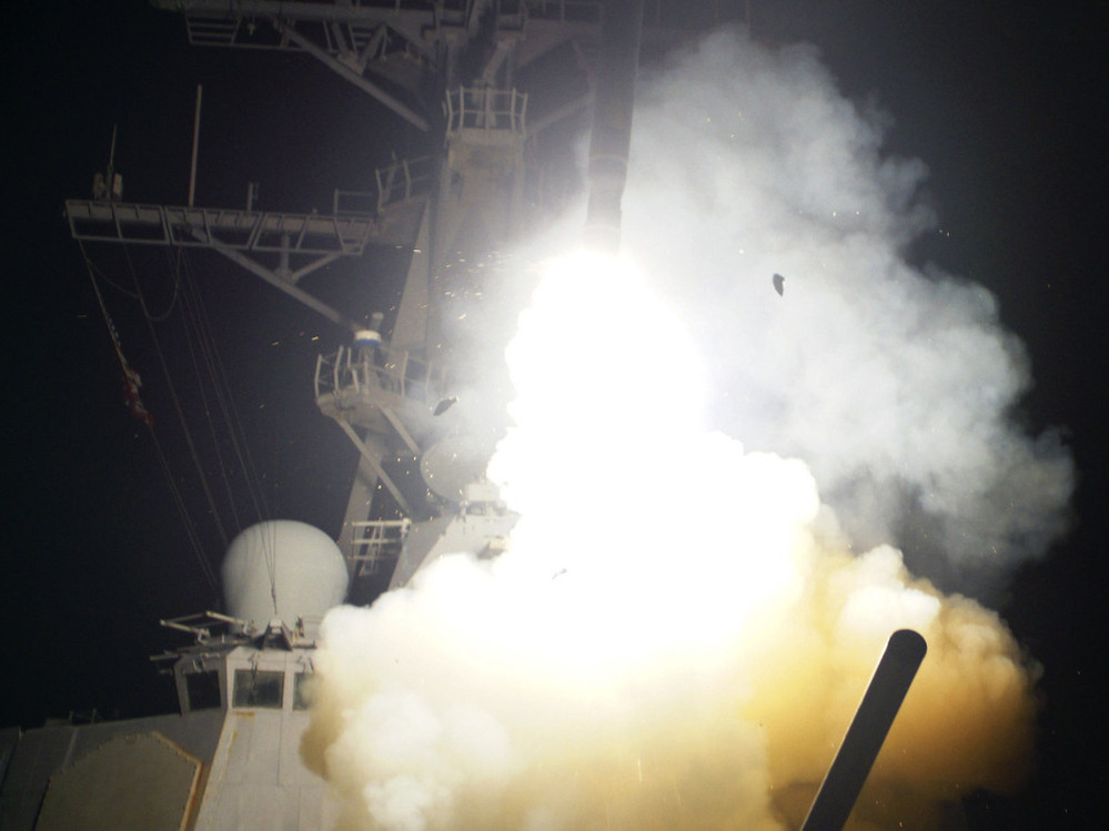The destroyer USS Stout  launches a Tomahawk missile towards Libya, March 19, 2011.