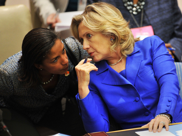 Secretary of State Hillary Clinton (right) talks with Susan Rice, the U.S. ambassador to the United Nations, in September. The two played a critical role in winning U.N. authorization of using "all means necessary" to protect civilians in Libya.
