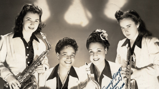 Four members of the International Sweethearts of Rhythm, circa 1944. Rosalind Cron, one of the group's first white members, stands at the far left.
