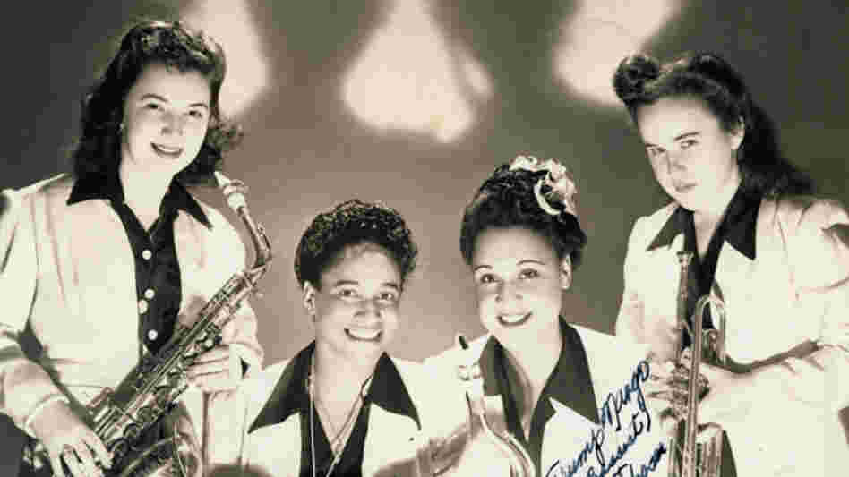 Four members of the International Sweethearts of Rhythm, circa 1944. Rosalind Cron, one of the group's first white members, stands at the far left.