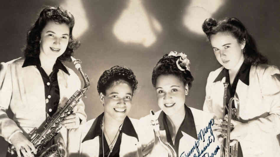 Four members of the International Sweethearts of Rhythm, circa 1944. Rosalind Cron, one of the group's first white members, stands at the far left.