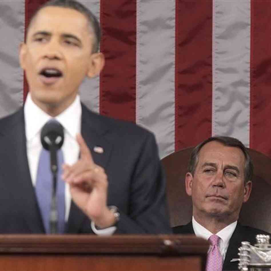 House Speaker John Boehner of Ohio watches President Obama deliver his State of the Union address, Jan. 25, 2011.