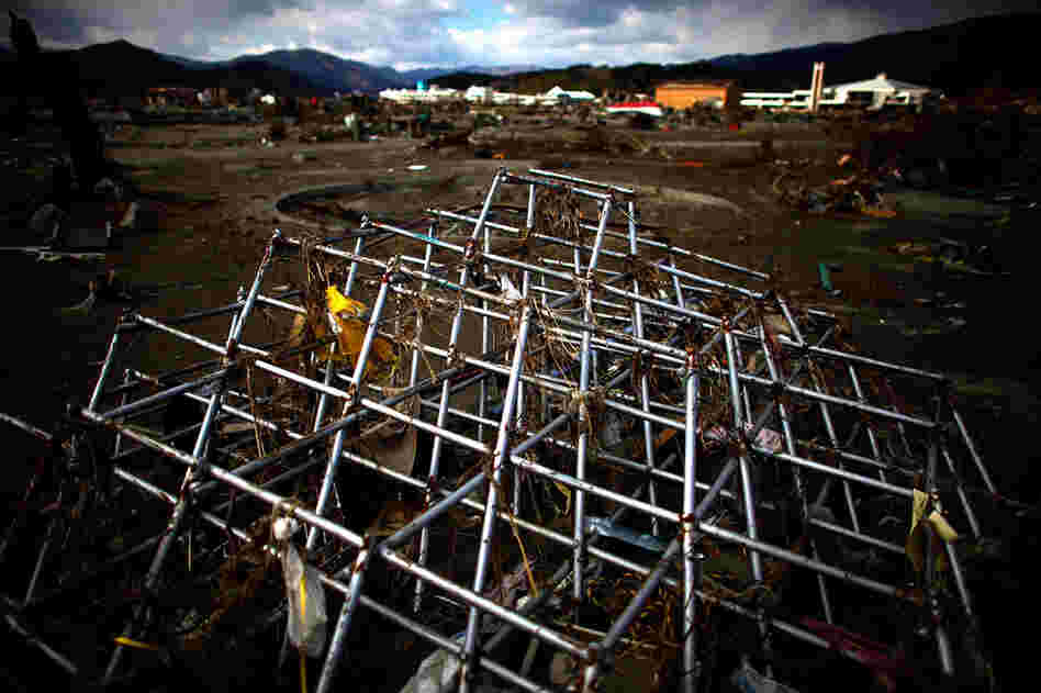A jungle-gym is all that is left of both an elementary school's building and playground in Rikuzentakata. 