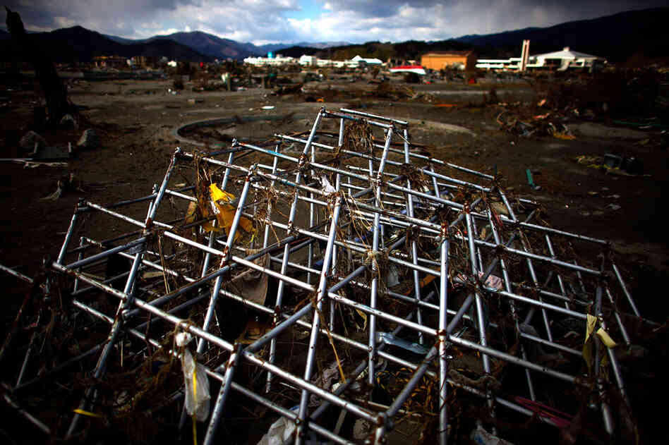 A jungle-gym is all that is left of both an elementary school's building and playground in Rikuzentakata. 