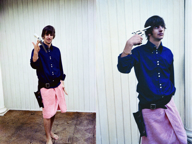 During The Beatles' stay at British actor Reginald Owen's Bel Air mansion in Los Angeles during their 1964 U.S. tour, Ringo plays with a toy gun — reportedly a gift from Elvis Presley.