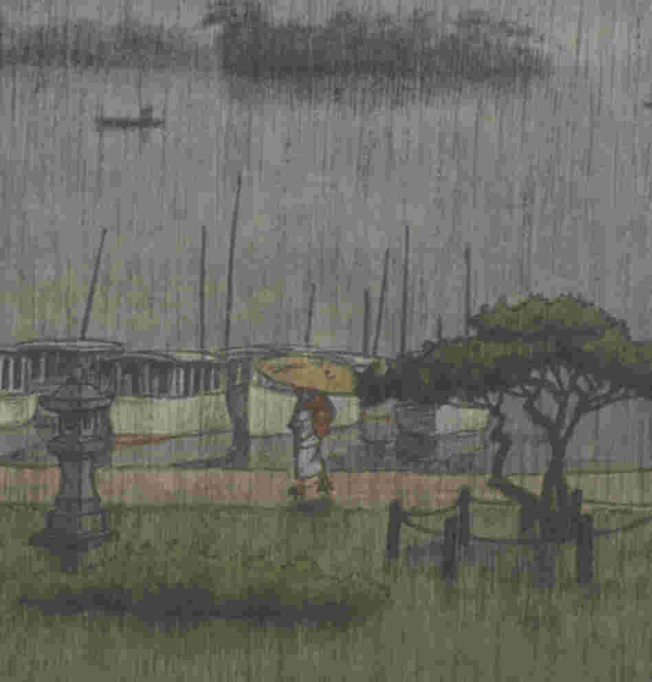 A detail from Rain at Matsushima by Kawase Hasui, 1936/38, shows a woman walking with a parasol along the sea wall. Click "enlarge" to see the full image.