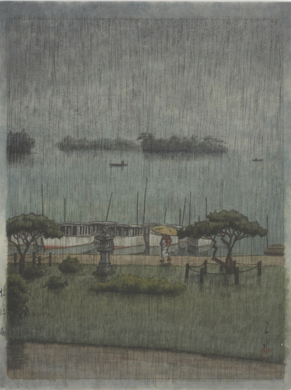 A detail from Rain at Matsushima by Kawase Hasui, 1936/38, shows a woman walking with a parasol along the sea wall. Click "enlarge" to see the full image.