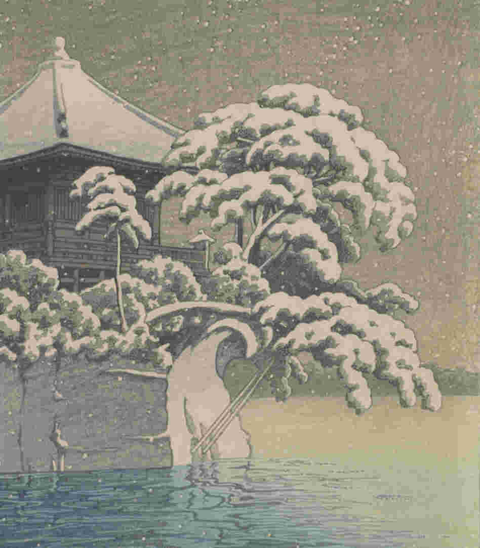 A detail from Snow at Godaido temple, Matsushima by Kawase Hasui, 1932. Click here to see a picture that suggests the Godaido temple may have withstood the tsunami.