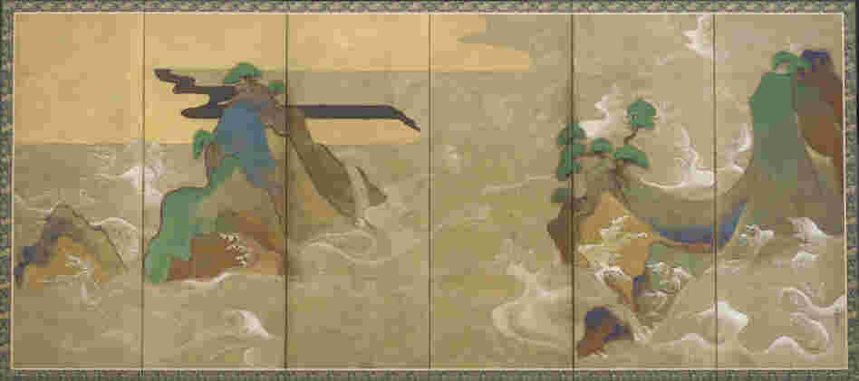 Waves at Matsushima is part of a 400-year-old set of screens by Tawaraya Sotatsu. It depicts big, stylized waves in gold and silver, engulfing islands and trees.