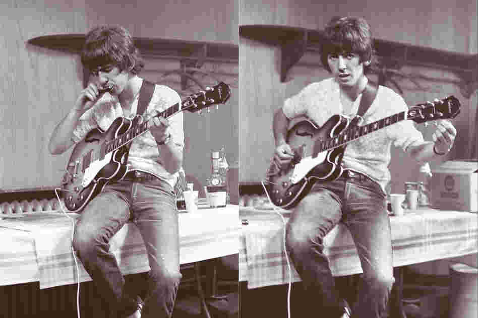 Harrison tunes up backstage at JFK Stadium in Philadelphia on Aug. 16, 1966. It was the first concert to ever be held there.