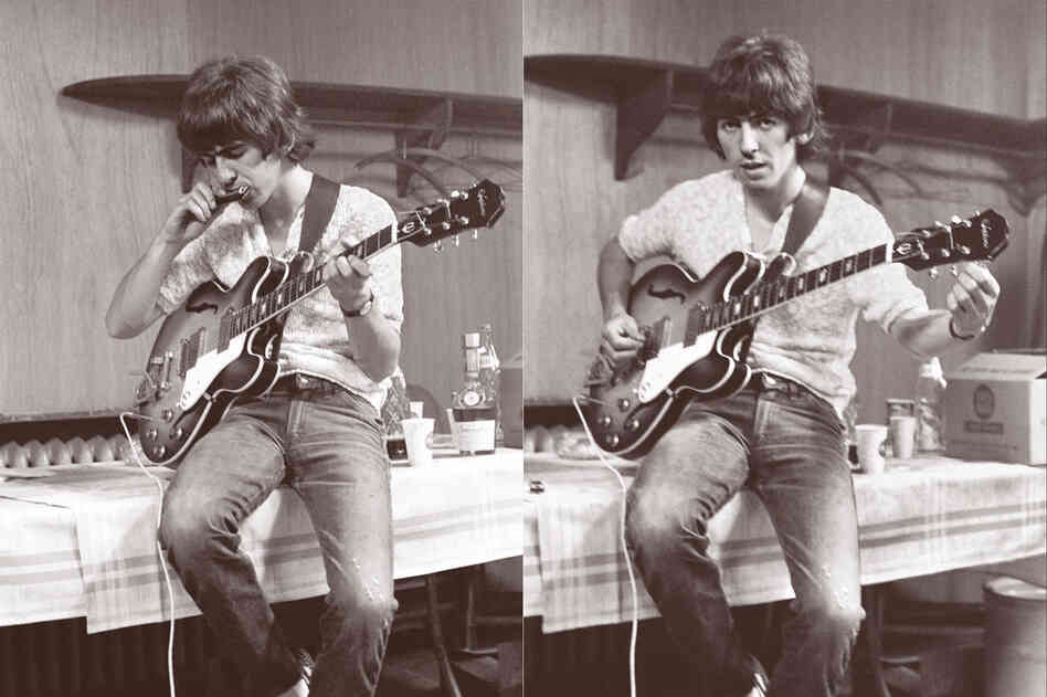 Harrison tunes up backstage at JFK Stadium in Philadelphia on Aug. 16, 1966. It was the first concert to ever be held there.
