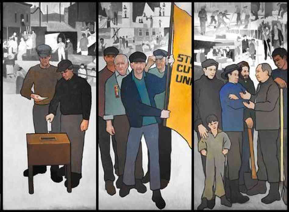 Panels 4-6 of the mural. They represent the first time workers could vote anonymously; Maine's first "Labor's Day;" and a man trying to organize Maine's woodsmen. Panels 4-6 of the mural. They represent the first time workers could vote anonymously; Maine's first "Labor's Day;" and a man trying to organize Maine's woodsmen.