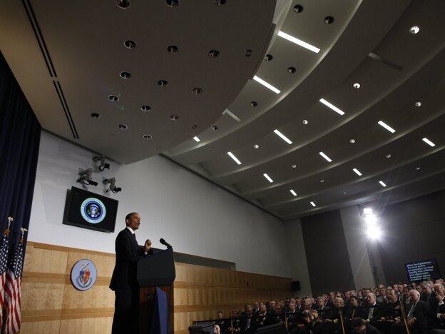 President Obama defends his Libya policy at the National Defense University, Washington, DC, Monday, March 28, 2011.