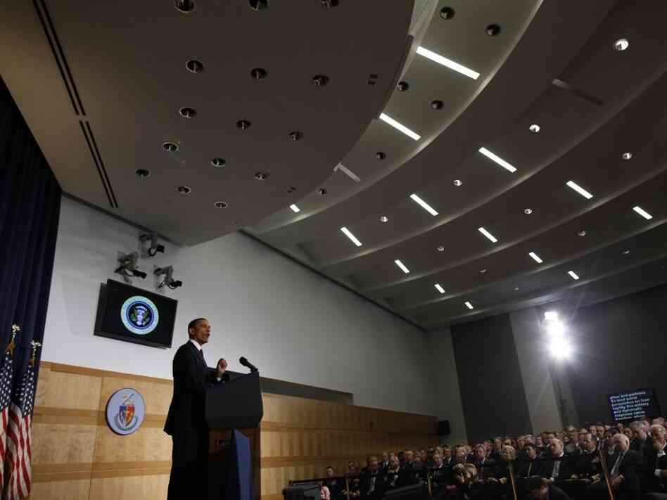 President Obama defends his Libya policy at the National Defense University, Washington, DC, Monday, March 28, 2011.
