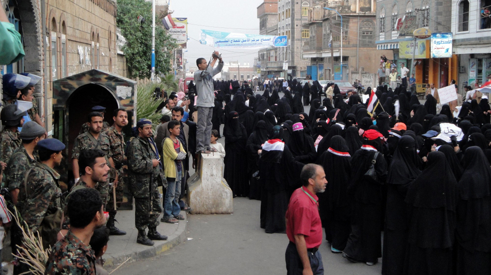 Yemeni women demonstrate under heavy security measures on March 27, 2011 in Ibb province, southwest of Sanaa, calling for the ouster of President Ali Abdullah Saleh.