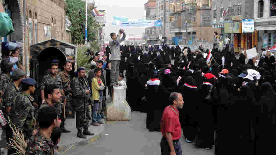 Yemeni women demonstrate under heavy security measures on March 27, 2011 in Ibb province, southwest of Sanaa, calling for the ouster of President Ali Abdullah Saleh.