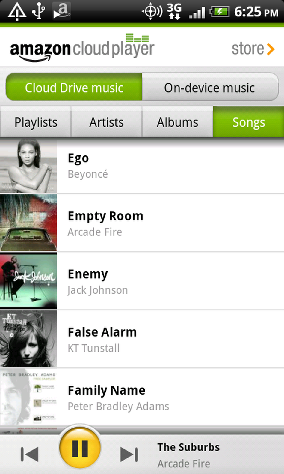 An image of Amazon's Cloud Player app for Android phones.