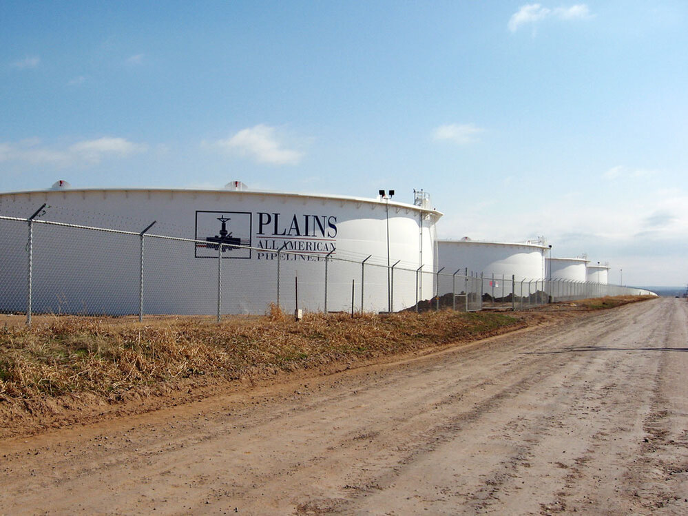 Huge tanks help house the oil surplus in Cushing, Okla. Each tank holds more than 250,000 barrels of oil.