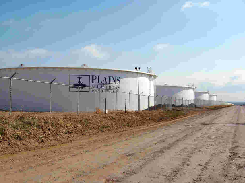 Huge tanks help house the oil surplus in Cushing, Okla. Each tank holds more than 250,000 barrels of oil.