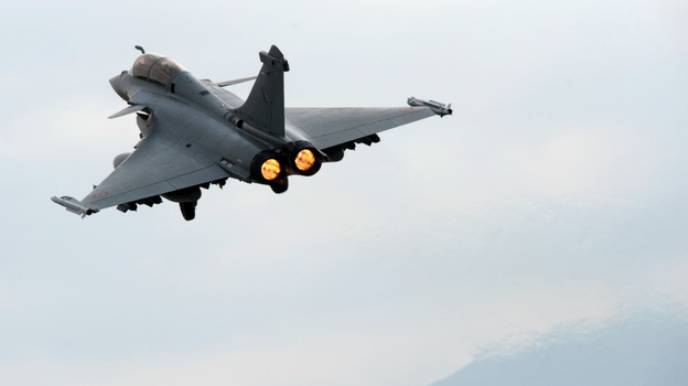 A Rafale jet takes off from the Solenzara base on the French island of Corsica for a mission in Libya on March 26.
