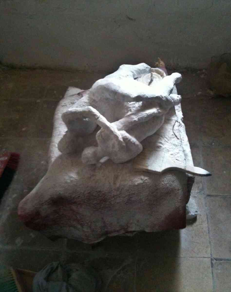 A marble piece, in progress, in Khalil's studio. 