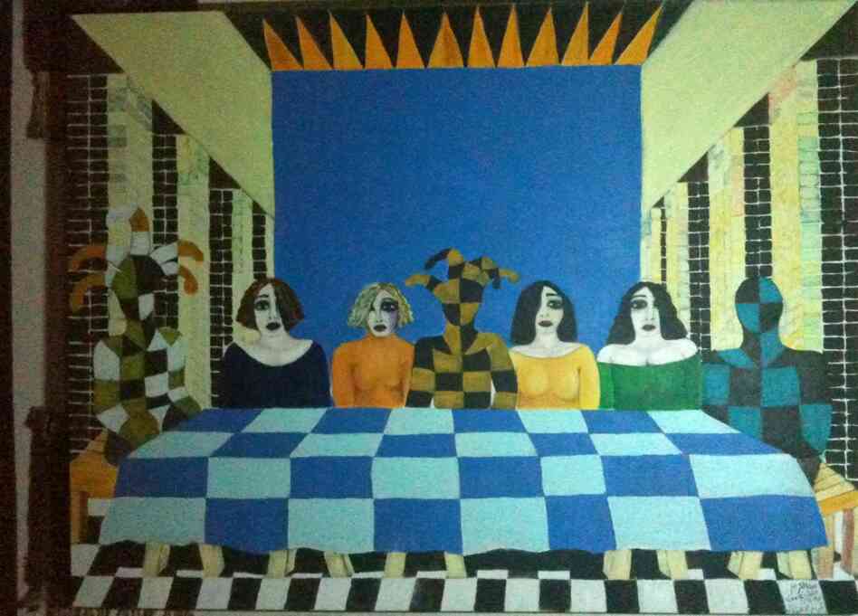 Some of Khalil's paintings, like this one, reflect a surrealistic world before the U.S. invasion of Iraq, when artists could thrive under dictator Saddam Hussein as long as their messages were hidden. 